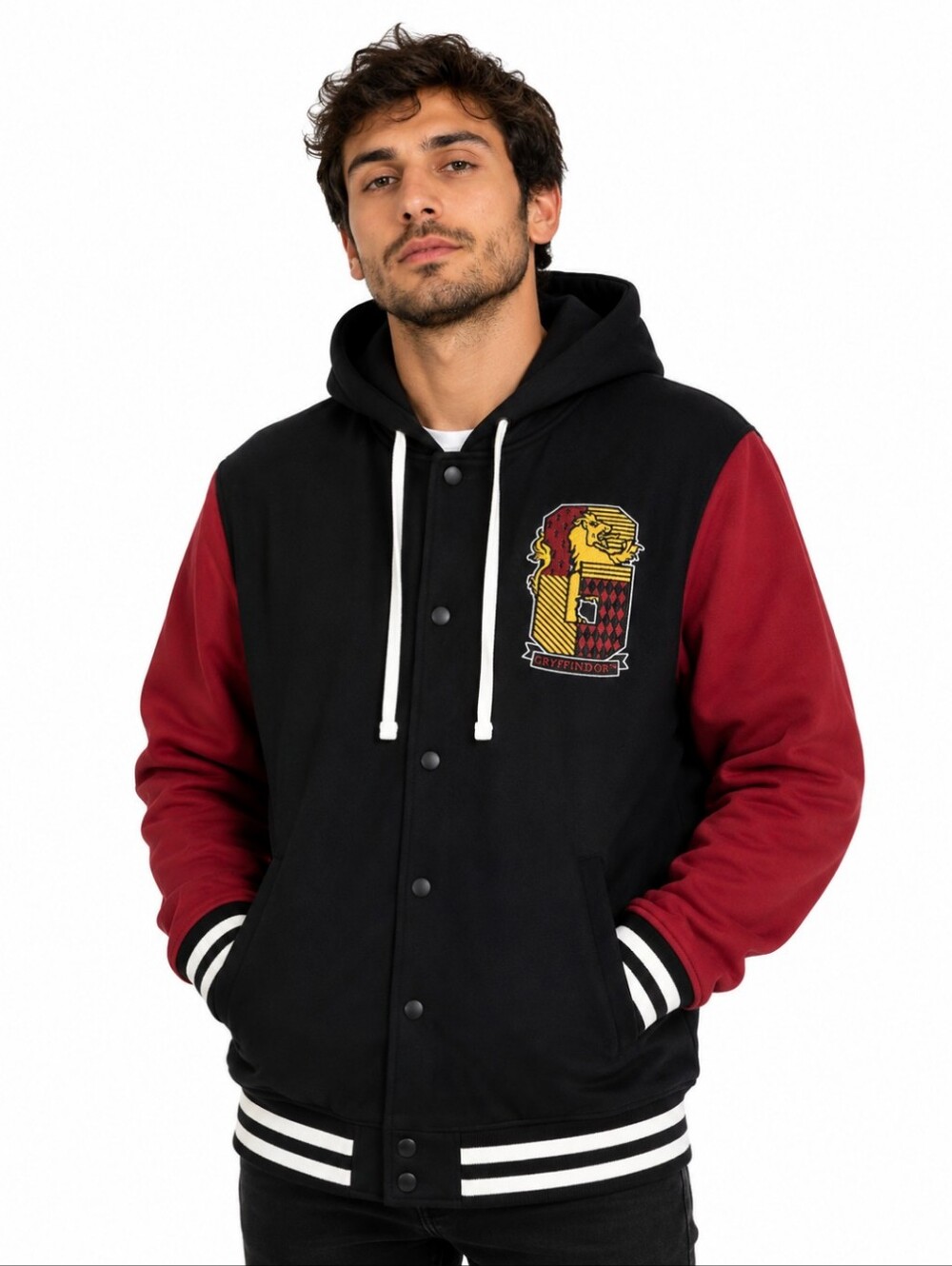 Harry Potter Gryffindor Logo Hooded Varsity red/ black Wool Jacket NWOT Sz L
